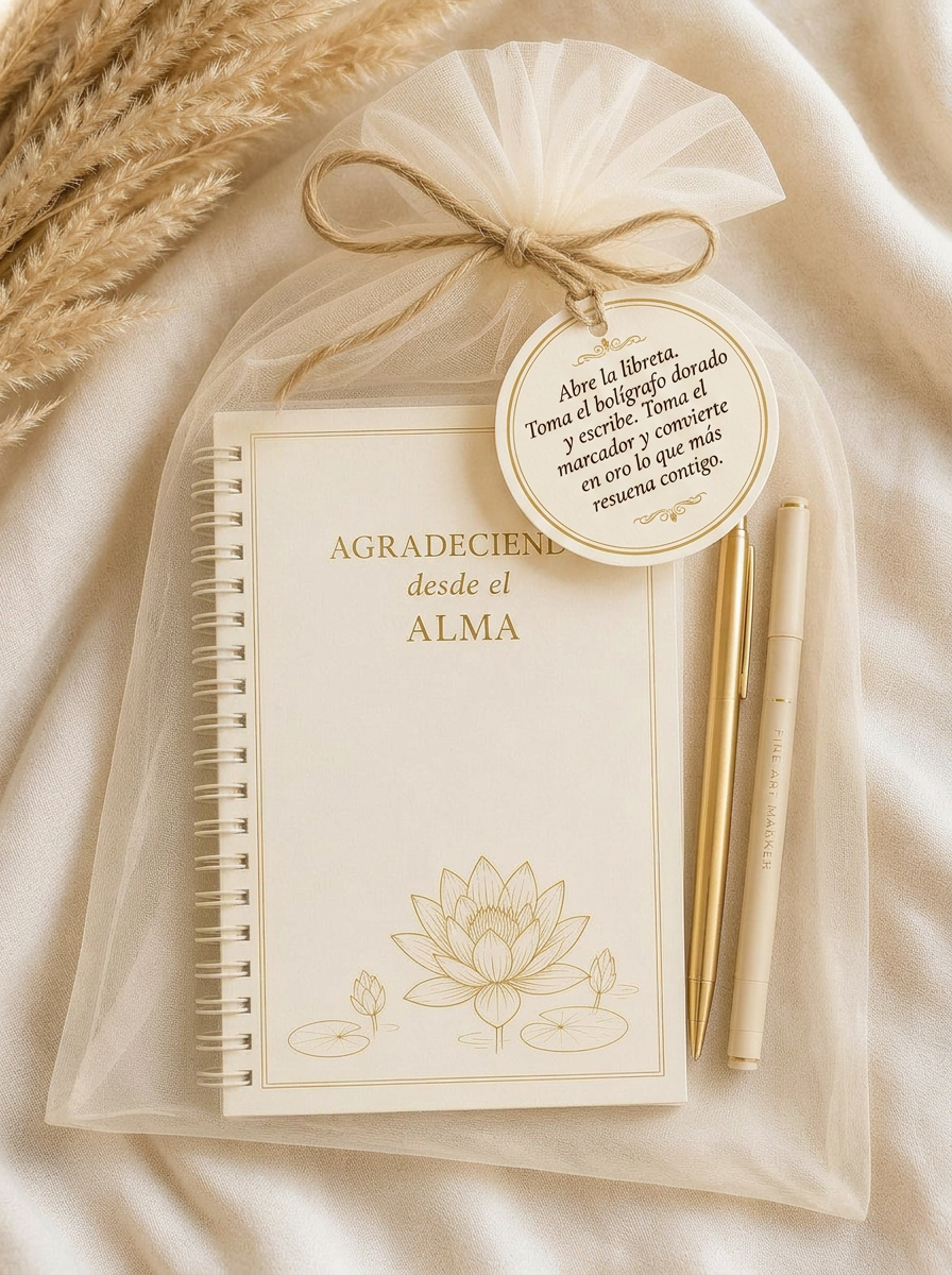 Kit Agradeciendo desde el Alma: libreta crema con flor de loto, bolígrafo dorado, marcador, bolsa de organza y sticker